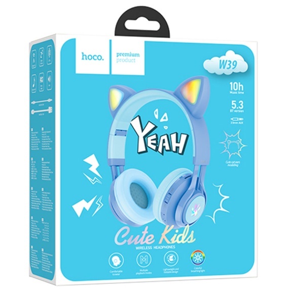 Hoco W39 - Casti Wireless, KIDS, Over Ear, BT 5.3, Stand-By 120h, 400mAh, Cat Ears, Albastru