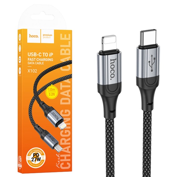 Hoco X102 - Cablu Date si Incarcare, Type-C la Lightning, PD27W, QC3.0, Braided, 1m, Negru
