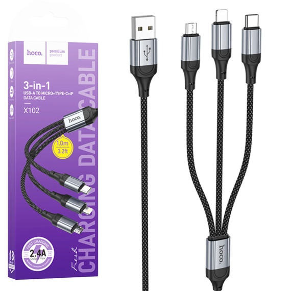 Hoco X102 - Cablu Date si Incarcare, USB la Lightning / MicroUSB / Type-C, 2.4A, 3 in 1, 1m, Negru