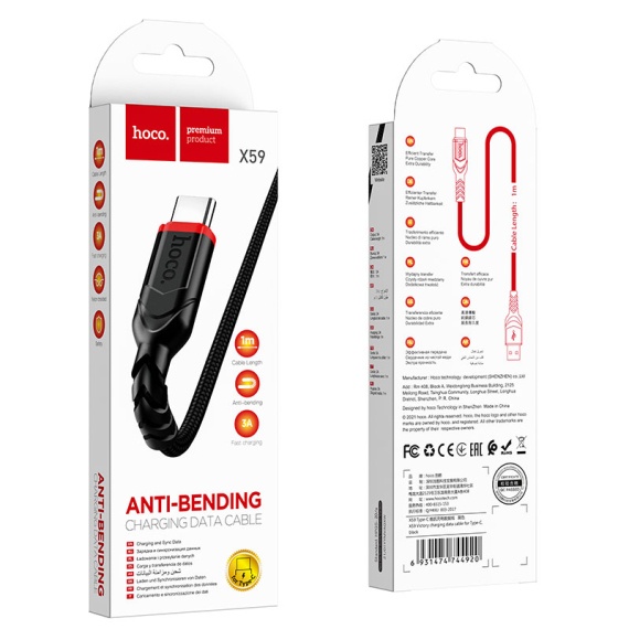 Hoco X59 - Cablu Date si Incarcare, USB la Type-C, 3A, Braided, 1m, Negru