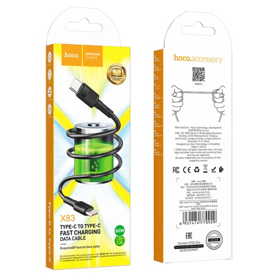 Hoco X83 - Cablu Date si Incarcare, Type-C, PD60W, QC3.0, 1m, Negru