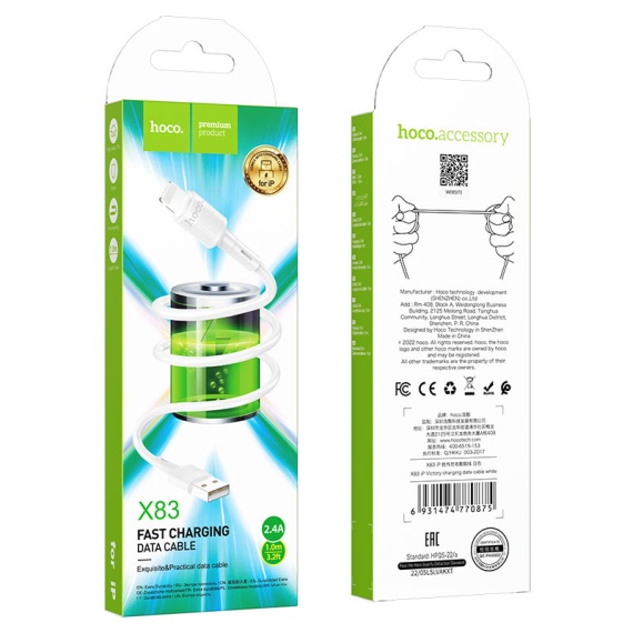 Hoco X83 - Cablu Date si Incarcare, USB la Lightning, 18W, 2.4A, 1m, Alb