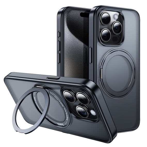 Husa Hoco AS1 - iPhone 15 Pro, MagSafe, Ring Stand, Frosted, Negru