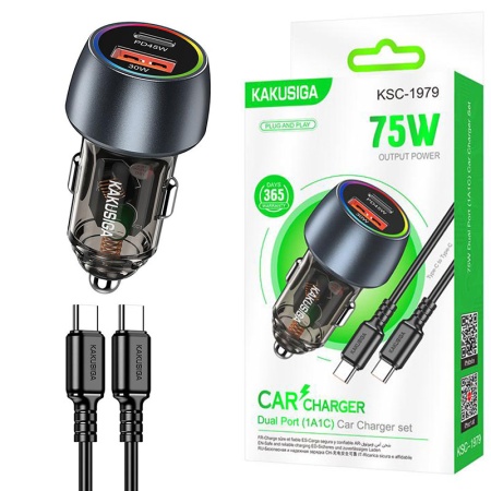 Incarcator auto + cablu USB-C KAKUSIGA KSC-1979, 75W PD QC3.0, 1xUSB, 1m, Ambient Light, BLACK