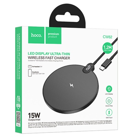 Incarcator wireless HOCO CW62 Qi 15W – incarcare fara fir, power LED, compatibil universal, negru