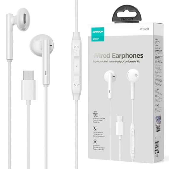 Joyroom JR-EC05 - Casti cu Fir, In Ear, USB-C, 1.2m, Mic & Volume Key, HiFi, Alb