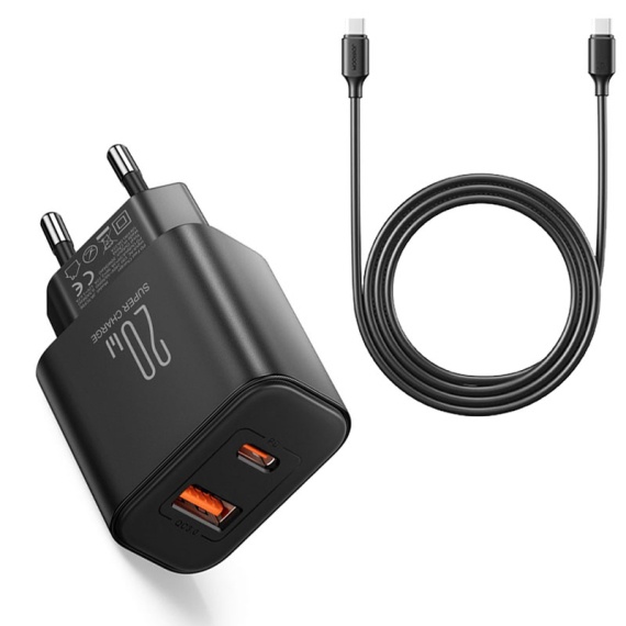 Joyroom JR-TCF05 - Incarcator Retea + Cablu USB-C, 20W, 1xUSB-C, 1xUSB-A-A, PD, QC 3.0, Negru