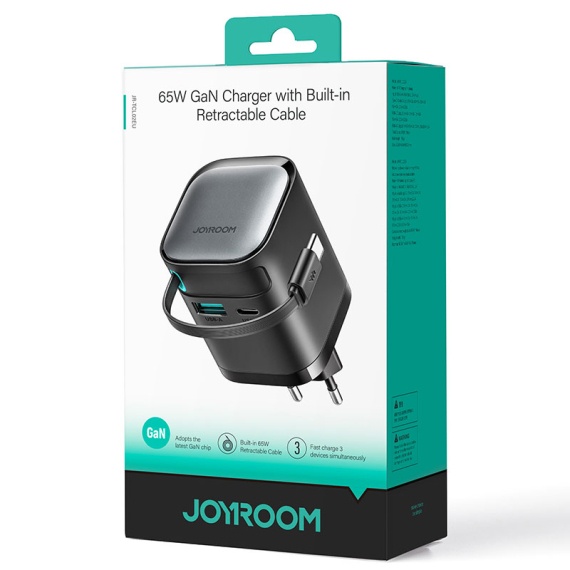 Joyroom JR-TCL02 - Incarcator SuperFast, GaN 65W, cu Cablu USB-C retractabil, 1xUSB-C, 1xUSB-A-A, Negru