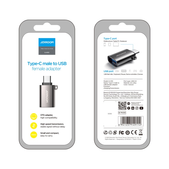 Joyroom S-H151 - Adaptor OTG Transfer, USB la Type-C, Negru