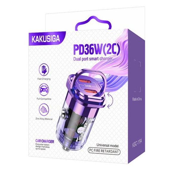 Kaku KSC-1194 - Incarcator Auto + Cablu , 0m, PD36W, 2xUSB-C, Violet