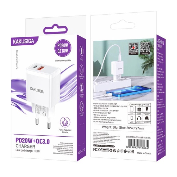 Kaku KSC-1252 - Incarcator Retea, PD20W, 1xUSB-C, 1xUSB-A, Alb