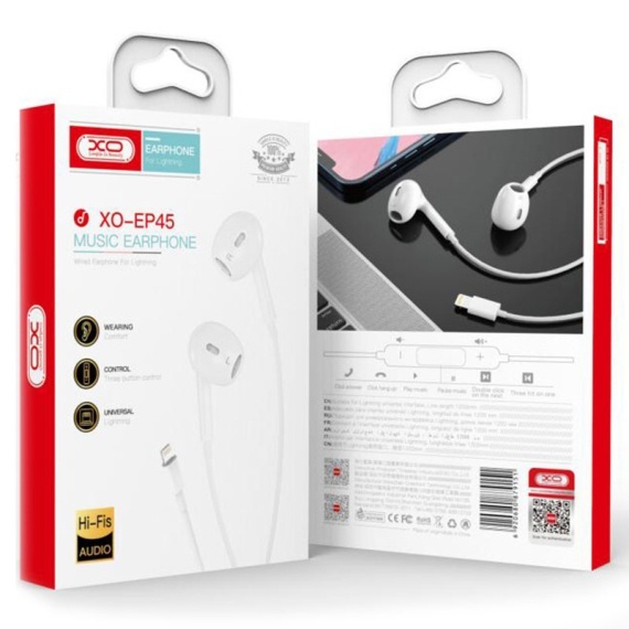 XO EP45 - Casti cu Fir, In Ear, Lightning, 1.2m, Conect Pop-Up, HiFi, Alb