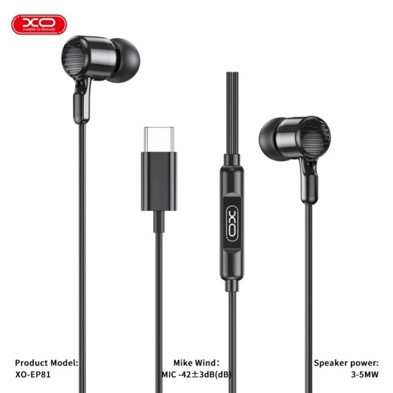 XO EP81 - Casti cu Fir, In Ear, Type-C, 1.2m cablu, Digital, Negru