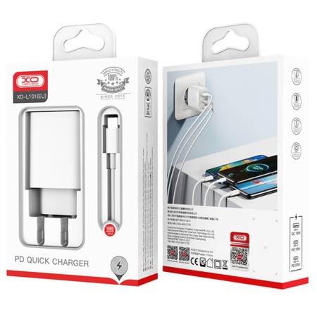 XO L101 – Incarcator retea cu cablu USB-C 20W, 2xUSB-C + 1xUSB-A, PD/QC, alb