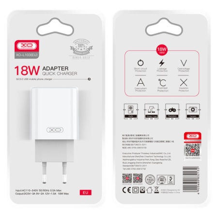XO L103 – Incarcator retea 18W 1xUSB-A QC 3.0 alb