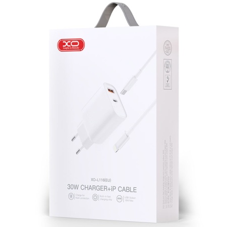 XO L116 – Încărcător Rețea + USB-A la Lightning, 30W, 1xUSB-C, 1xUSB-A-A, PD, QC 3.0, alb
