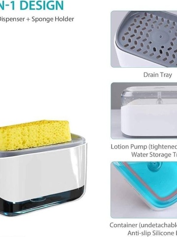 Dozator cu pompa de sapun Smartix, Suport pentru burete spalat vesela 350 ml, Dozator pentru sapun si bucatarie, Alb - Img 5