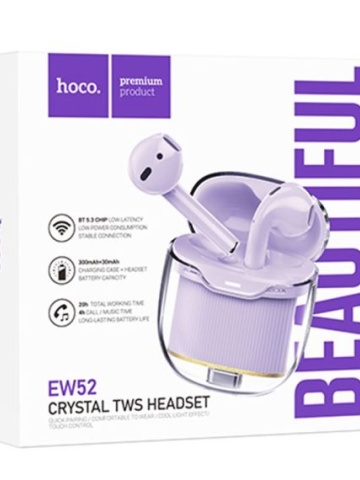 Hoco EW52 - Casti Wireless, Ear Buds, Bluetooth 5.3, Baterie 300mAh, 180h, Crystal, Violet - Img 1
