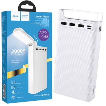 Hoco J62 - Baterie externa 30000mAh, 3xUSB-A, Wireless Charging, lampa LED, , Alb - Img 1
