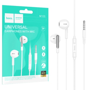 Hoco M123 - Căști cu Fir In-Ear, 3.5mm, 1.2m, Microfon & Buton Volum, HiFi, Alb - Img 1