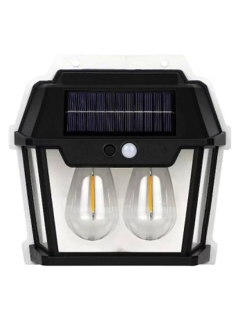 Lampa solara tip felinar 28W Smartix cu 2 Becuri, Acumulator 1200mAh, Senzor 5-8M, Pentru exterior, Suport inclus, Panou solar inclinat, 600 Lumeni, Negru - Img 1