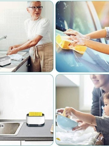 Dozator cu pompa de sapun Smartix, Suport pentru burete spalat vesela 350 ml, Dozator pentru sapun si bucatarie, Alb - Img 6