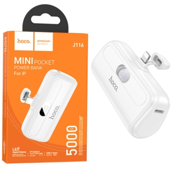 Hoco J116 - Baterie Externa, PowerBank, afisaj digital, conector Lightning, Compact Size, 5000mAh, 5V/2A, Alb - Img 1