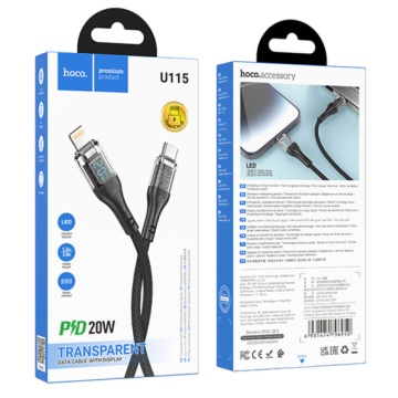 Hoco U115 - Cablu Date si Incarcare, Type-C la Lightning, PD20W, QC3.0, LED, 1.2m, Negru - Img 2
