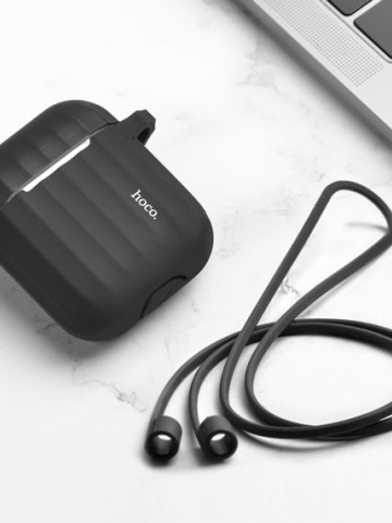 Hoco WB10 - Husa silicon pentru AirPods 1 / 2 Hoco cu carabina si fir casti, Negru - Img 4
