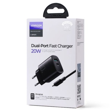 Joyroom L-QP2011 - Incarcator Retea + Cablu Lightning, 20W, 1xUSB-C, 1xUSB-A, PD, QC 3.0, Negru - Img 1