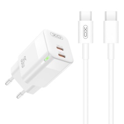 XO CE07 - Incarcator Retea + Cablu USB-C, 1m, GaN, PD35W, 2xUSB-C, alb - Img 2