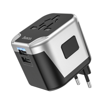 Hoco AC5 - Convertor Priza, 2xUSB-A, Adaptor Universal, EU/UK/US/AUS, Negru - Img 4