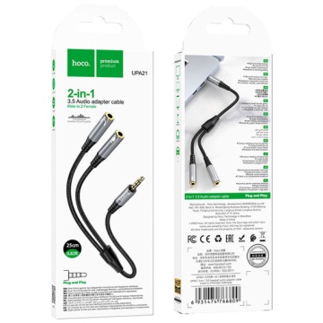 Hoco UPA21 - Cablu, Audio Y Splitter, 2x Jack 3.5mm (F) - la Jack 3.5mm (M) - 25cm, Negru - Img 1