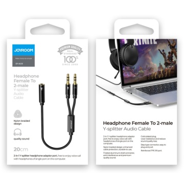 Joyroom SY-A05 - Cablu, Audio Y Splitter, 2x Jack 3.5mm (M) - la Jack 3.5mm (F) - 20cm, Negru - Img 1