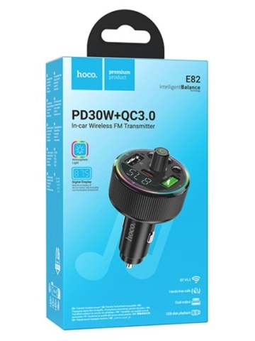 Modulator FM Hoco, 30W, 1xUSB-C, 2xUSB-A, Inteligent Balance, Ambient Light, Negru - Img 1