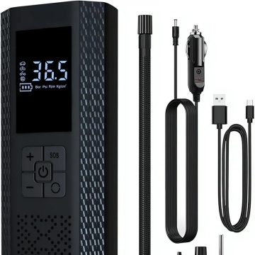 Pompa de Aer Wireless, Portabila, 150 PSI, Pentru Anvelope si Mingi, Baterie 2000 mAh, Afisaj Digital, Incarcator telefon USB si Type-C, Lanterna SOS, Dimensiune 17.5 x 8.5 cm, Negru - Img 1