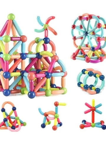 Set 100 Magnetic Sticks – Joc Educativ de Construcție cu 100 de Piese, Bile și Bețe Magnetice, Ideal pentru Copii 3+, Multicolor - Img 1