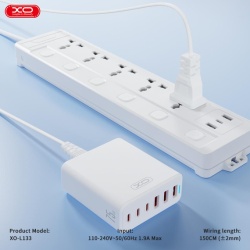 XO L133 – Statie incarcare GaN PD 75W cu 3xUSB-C si 3xUSB-A cablu 1.5m, alb - Img 6
