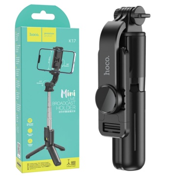Hoco K17 - Suport stand Selfie, pentru telefon, 2 in 1, Mini Telescopic, Inox, cu telecomanda BT, Negru - Img 1