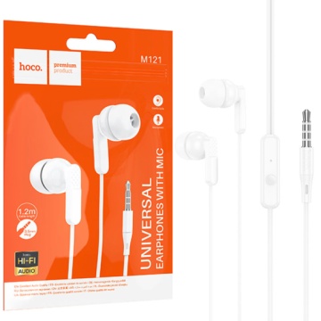 Hoco M121 - Casti cu Fir, In Ear, 3.5mm, 1.2m, Mic & Volume Key, HiFi, Alb - Img 1
