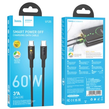 Hoco U120 - Cablu Date si Incarcare, Type-C, PD60W, QC3.0, 3A, LED Power, 1.2m, Negru - Img 1