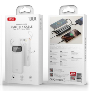 XO PR278 - Baterie externa 10000mAh + Cabluri 4in1, USB-A/USB-C/microUSB/Lightning, afisaj LED, , Alb - Img 1