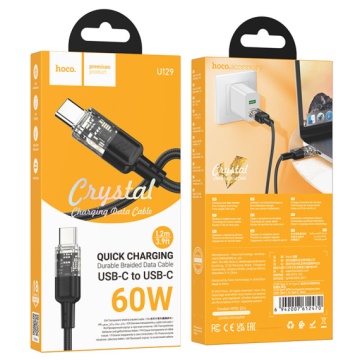 Hoco U129 - Cablu Date si Incarcare, Type-C, PD60W, QC3.0, 3A, Crystal, 1.2m, Negru - Img 1