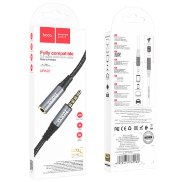 Hoco UPA20 - Cablu Audio, Jack 3.5mm (M) - la Jack 3.5mm (F) - 2m, Negru - Img 1