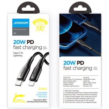 Joyroom M3 - Cablu Date si Incarcare, Type-C la Lightning, PD20W, QC3.0, 1.2m, Negru - Img 1