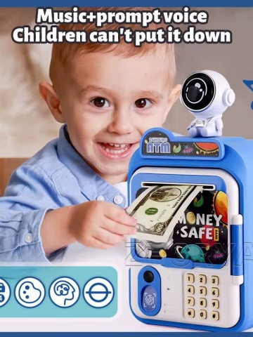 Pusculita Seif pentru Copii, ATM de Jucarie, Cosmonaut Sunete si Lumini, Rulare automata a Bancnotelor, Albastru - Img 2