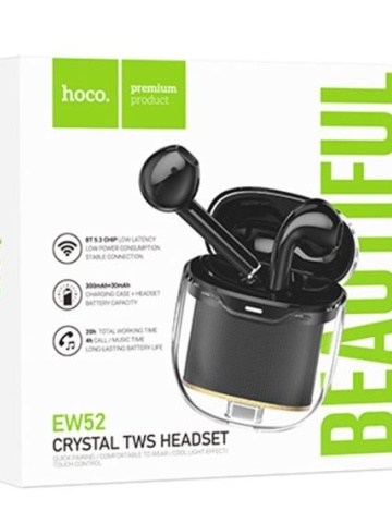 Hoco EW52 - Casti Wireless, Ear Buds, Bluetooth 5.3, Baterie 300mAh, 180h, Crystal, Negru - Img 1