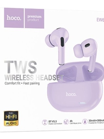 Hoco EW60 - Casti Wireless, Ear Buds, Bluetooth 5.3, Baterie 150h StandBy, 300mAh, HiFI, Norman, Violet - Img 1