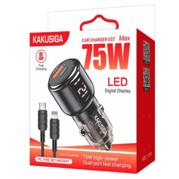 Kaku KSC-1174 - Incarcator Auto + Cablu Lightning, 75W, 1xUSB-C, 1xUSB-A, PD, QC 3.0, LED Power, Negru - Img 1