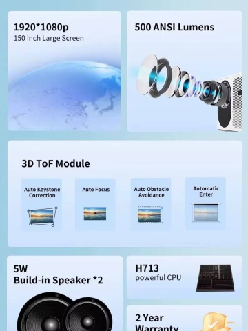 Video proiector Wireless Smartix PROFESIONAL T8 Full HD 1080p, Wi-Fi + BT 5.0 Dual Band, 25DB, Ecran mare de 130 inch, Durata de viata foarte lunga, Alb - Img 4